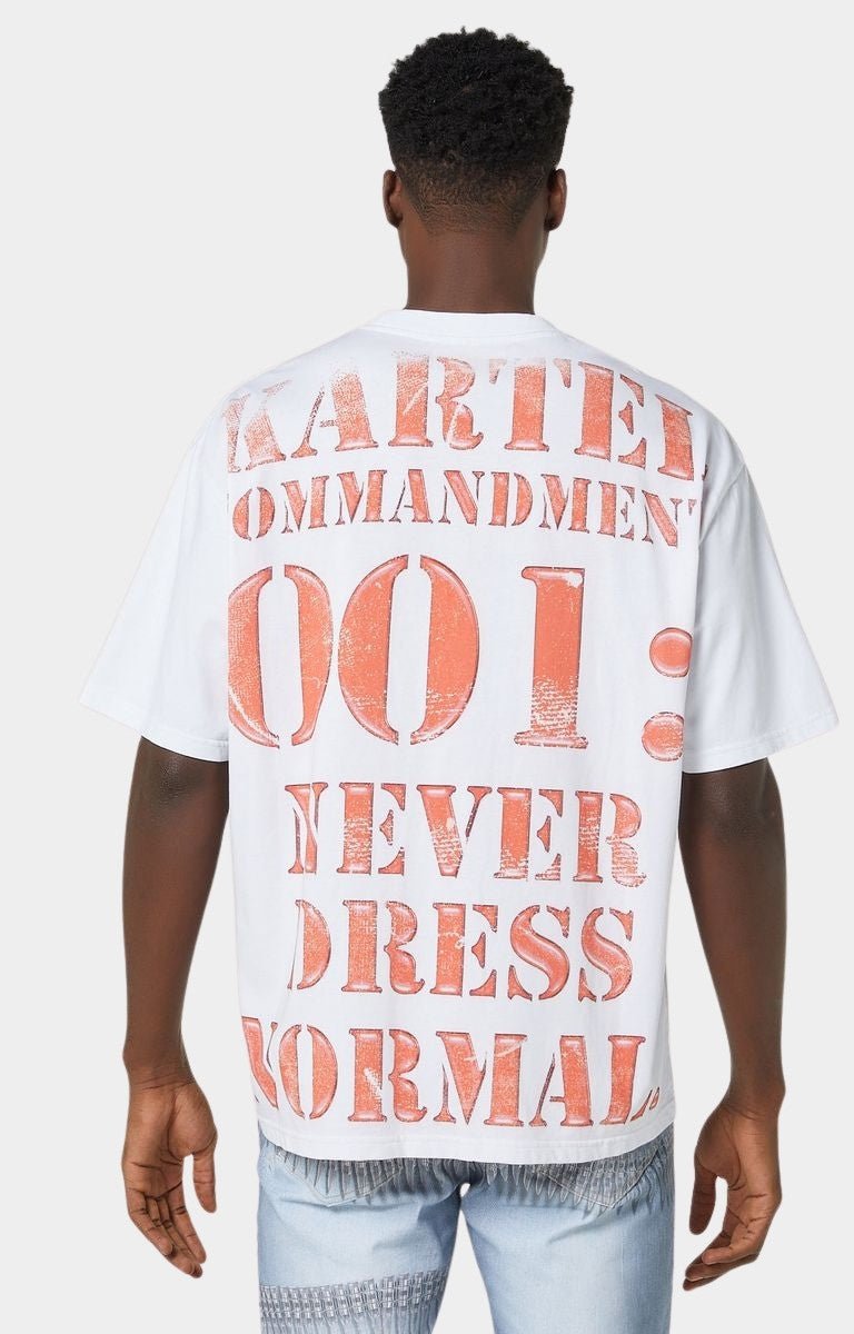 Back view of Guapi White Commandment Tee with red stencil commandment text