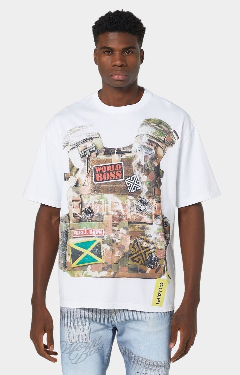 Front view of Guapi White Commandment Tee with tactical vest inspired graphic