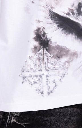 Designer w.hite graphic t-shirt featuring Ascension-inspired artwork.