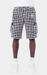 Guapi White Houndstooth Furry Cargo Shorts front view.