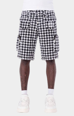Guapi White Houndstooth Furry Cargo Shorts front view.