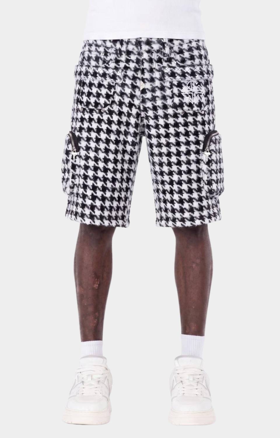 Guapi White Houndstooth Furry Cargo Shorts front view.