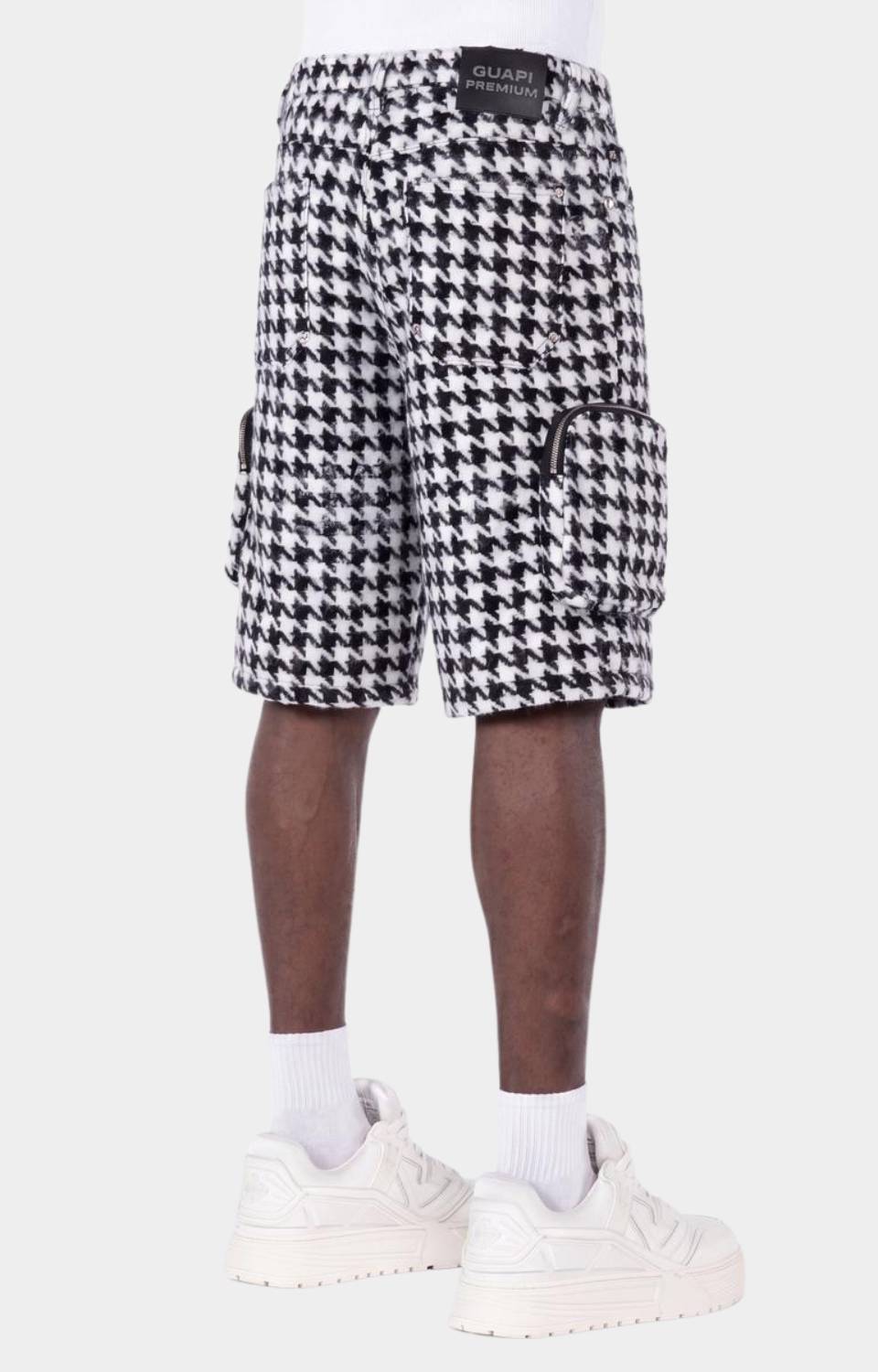Cargo pocket detail on Guapi White Houndstooth Furry Shorts.