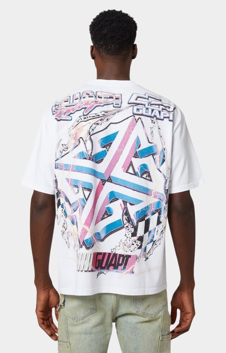 Guapi White Nitro Drift Tee V1 back view with abstract GUAPI sigil
