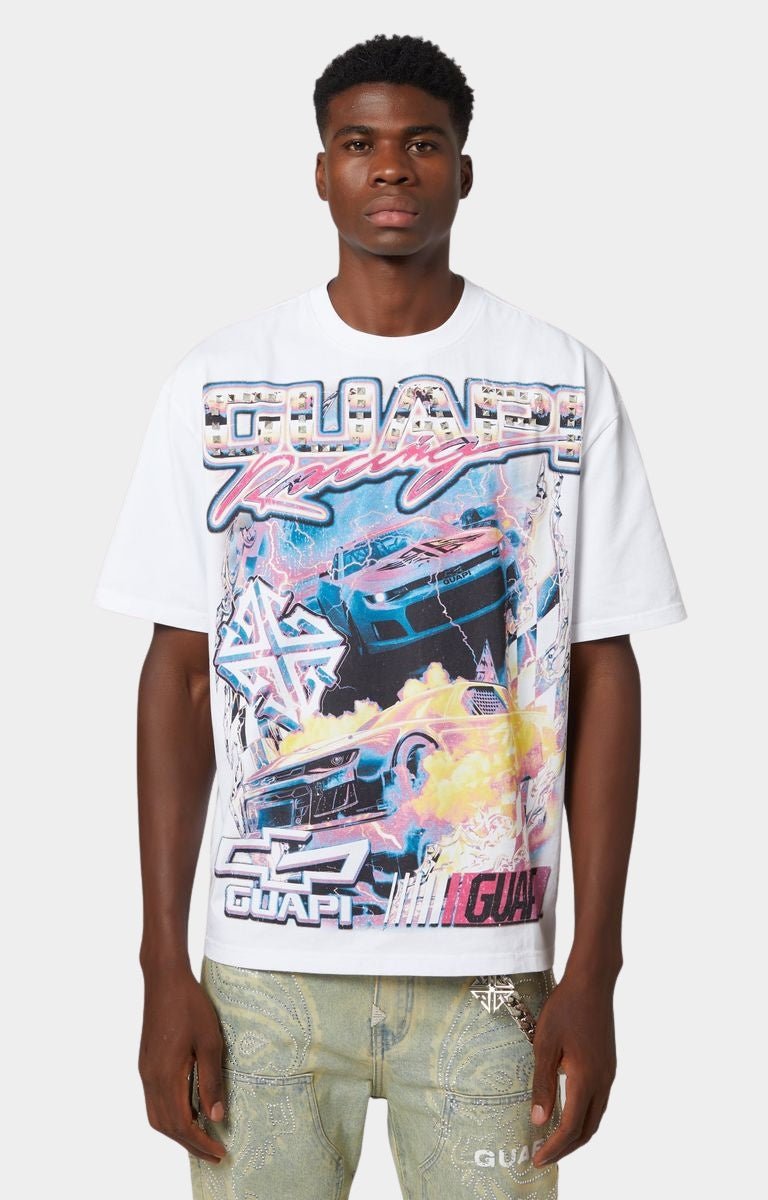 Guapi White Nitro Drift Tee V1 front view with studded racing logo