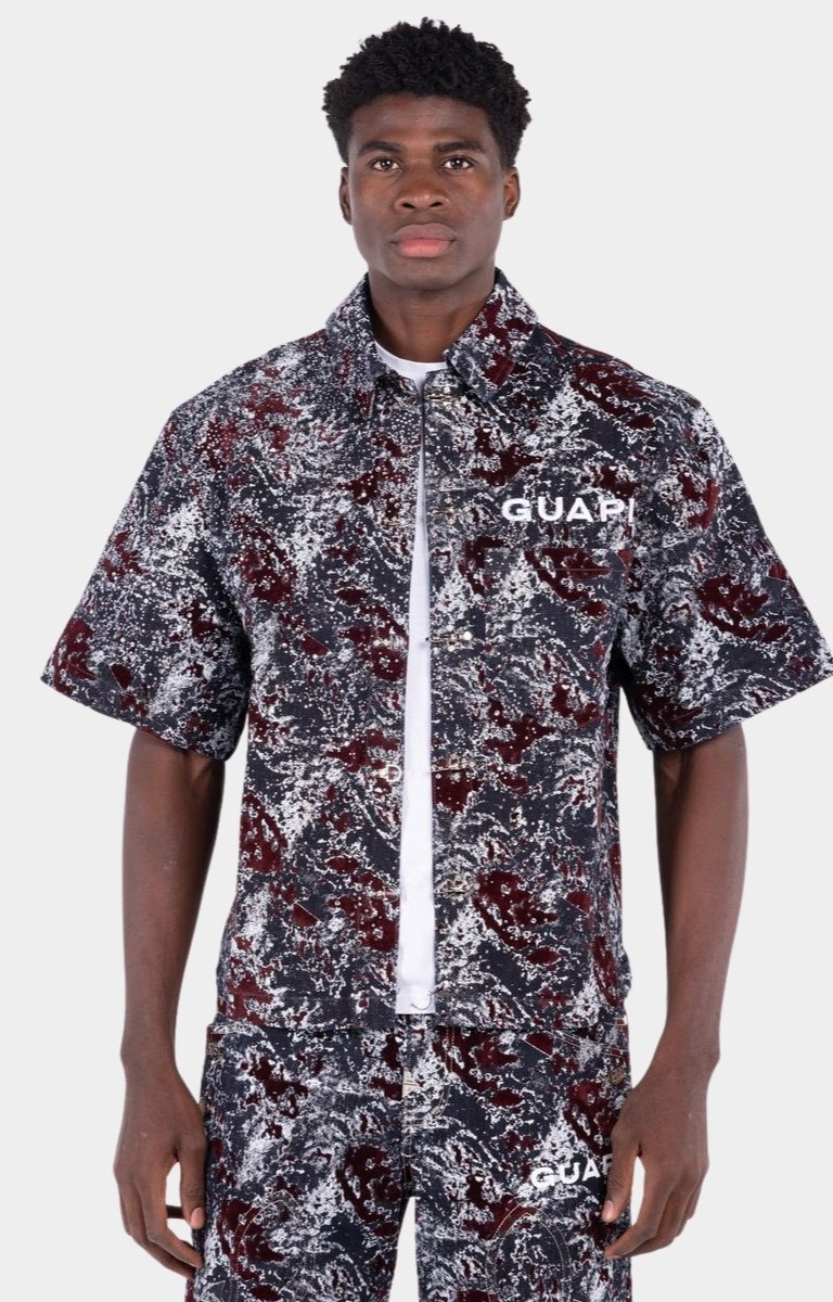 Guapi Wine Red Laser Velvet Rhinestone Shirt front view.