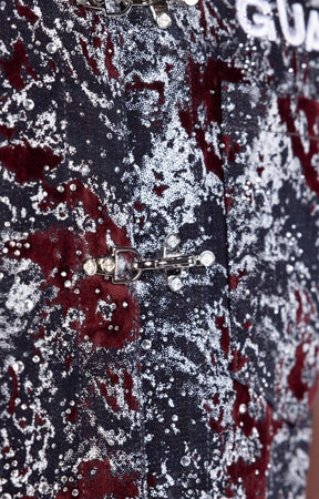 Laser distressed velvet texture detail on Guapi Wine Red Shirt.