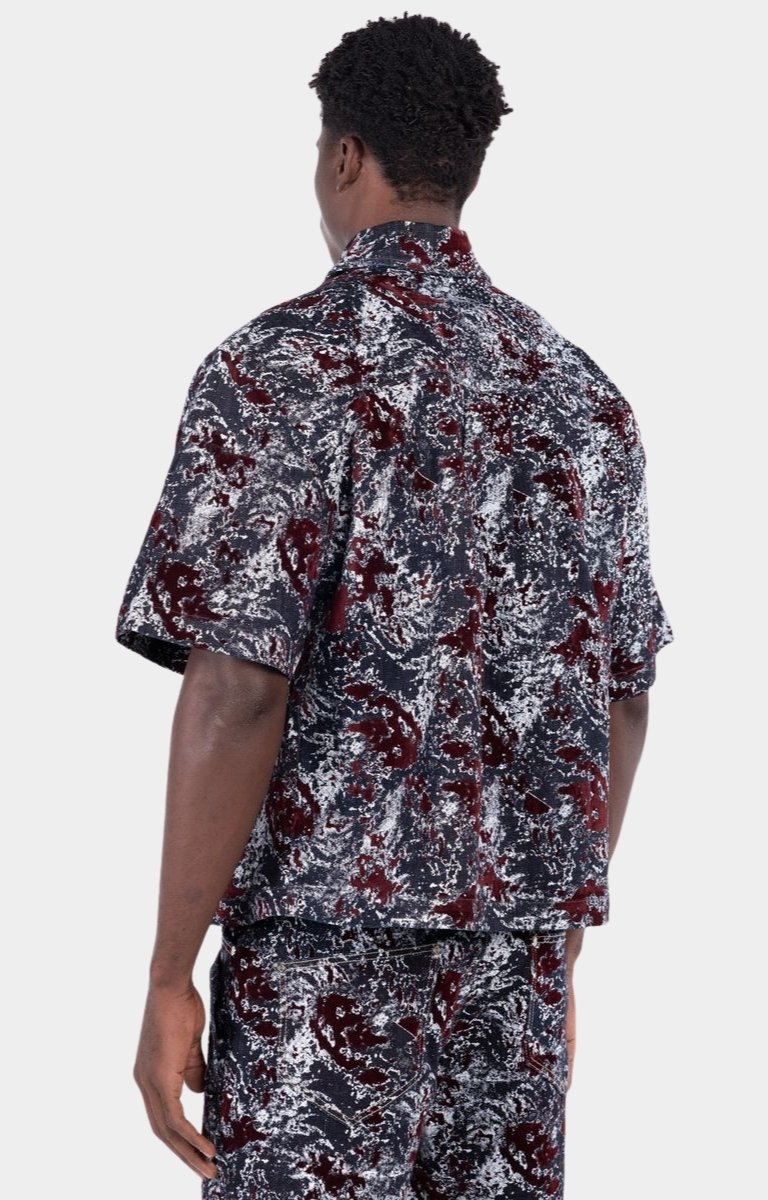 Crystal embellishment detail on Guapi Wine Red Laser Velvet Shirt.