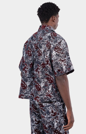 Guapi Wine Red Laser Velvet Shirt styled with luxury streetwear outfit.