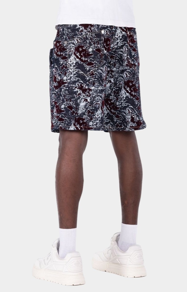 Designer wine red shorts featuring sophisticated velvet craftsmanship.