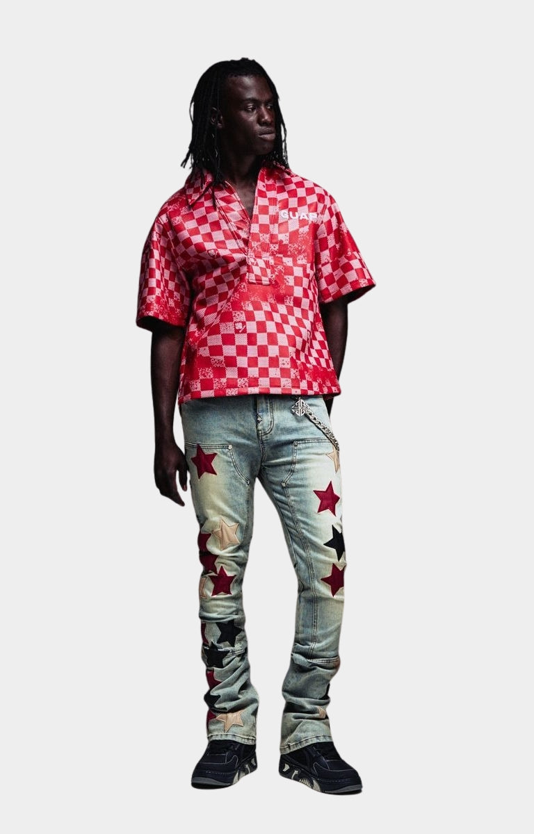 Lifestyle view of Guapi Wine Red Vintage Stars Denim.