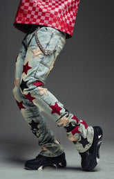 Slim stacked fit of Guapi Wine Red Vintage Stars Denim.