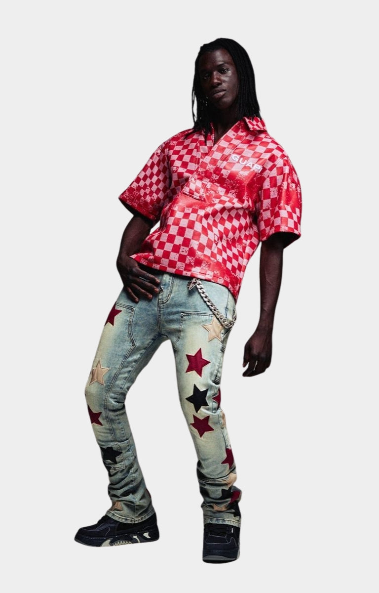 Guapi Wine Red Vintage Stars Denim styled with luxury streetwear outfit.