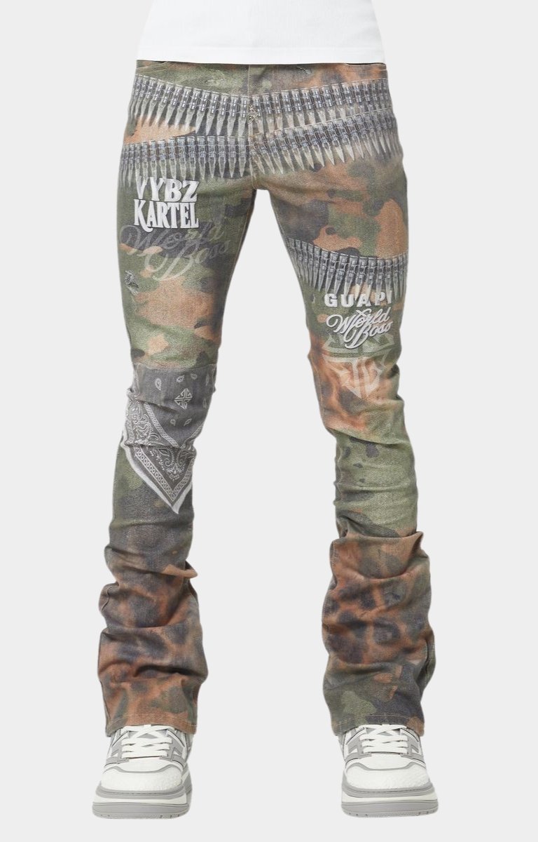 Guapi World Boss Ammo Denim V3 front view camo stacked bullet graphic jeans