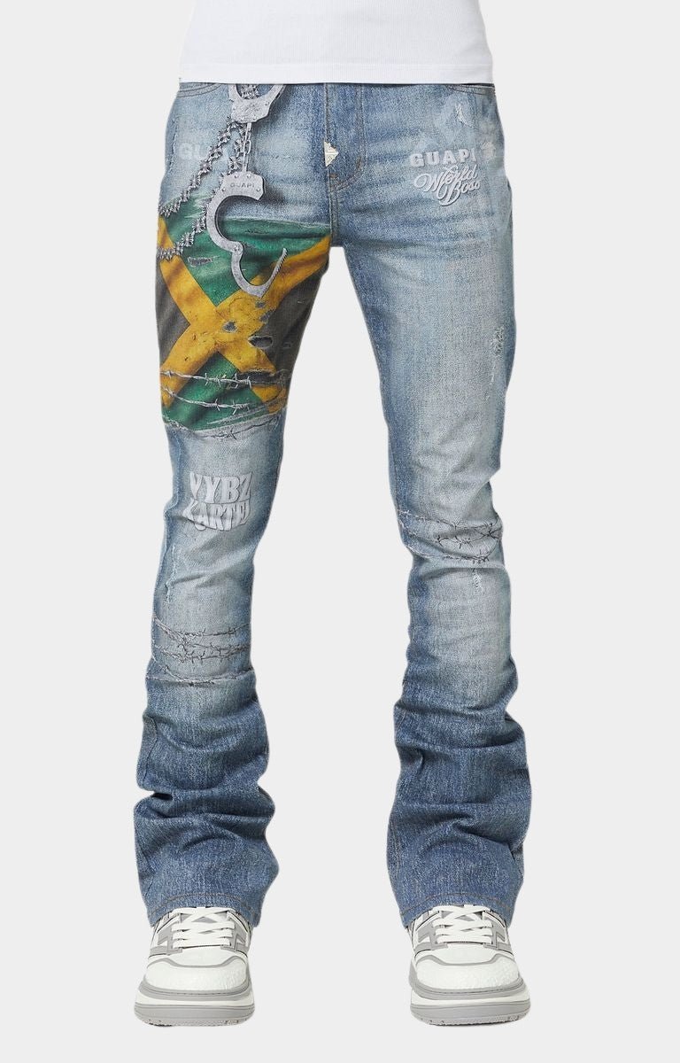 Guapi World Boss Freedom Denim V1 – Stacked Jamaican Graphic Jeans