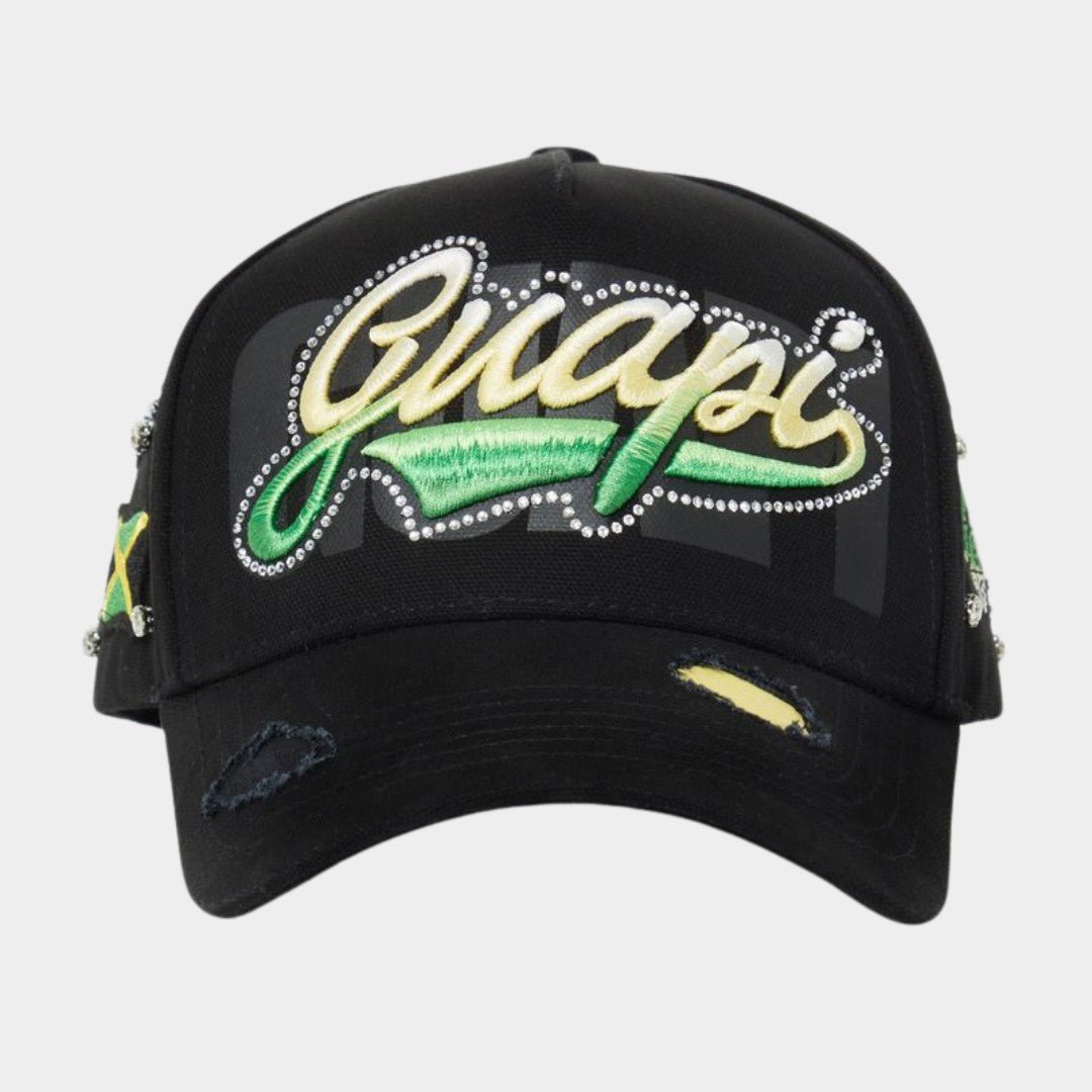 Front view of Guapi Worldboss Snapback with rhinestone GUAPI embroidery
