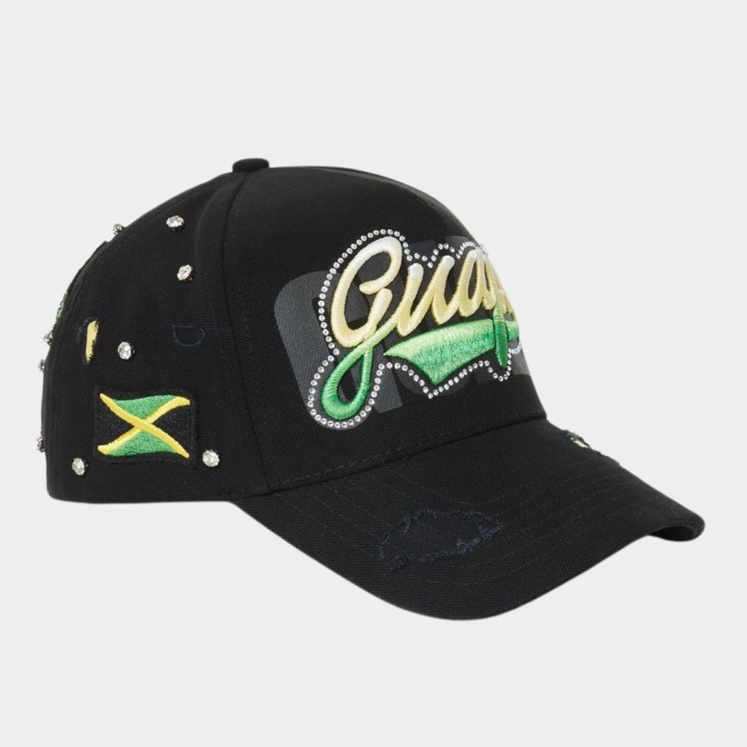 Left side view of Guapi Worldboss Snapback with Jamaican flag embroidery