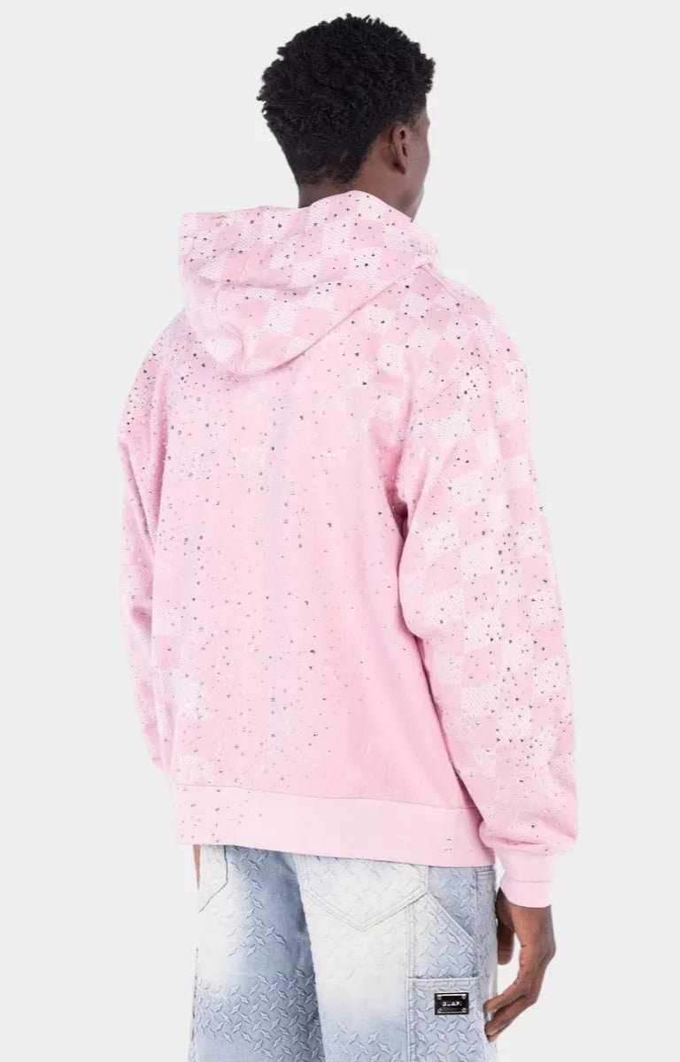 Side profile of luxury GUAPI checkerboard zip hoodie.