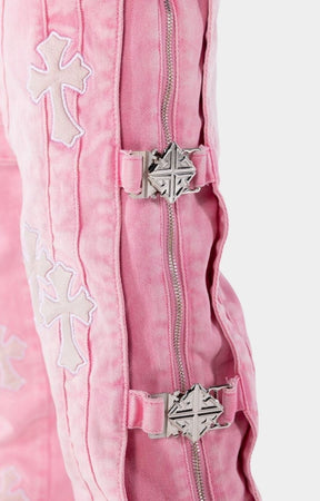 Close-up detail of full-length zipper and stacked denim construction.
