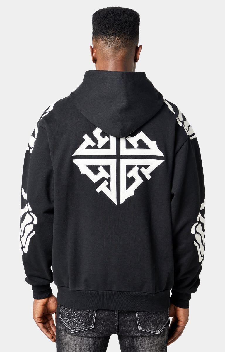 Back view of GUAPI Hell Dragger Hoodie with leather emblem.
