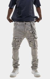 Front view of Gunzinii Grey Tactical Cargo Stacked Jeans with 3D cargo pockets.