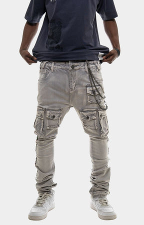 Front view of Gunzinii Grey Tactical Cargo Stacked Jeans with 3D cargo pockets.
