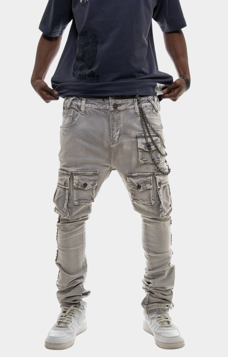 Front view of Gunzinii Grey Tactical Cargo Stacked Jeans with 3D cargo pockets.