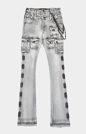 Front view of Gunzinii Grey Tactical Cargo Stacked Jeans with 3D cargo pockets.