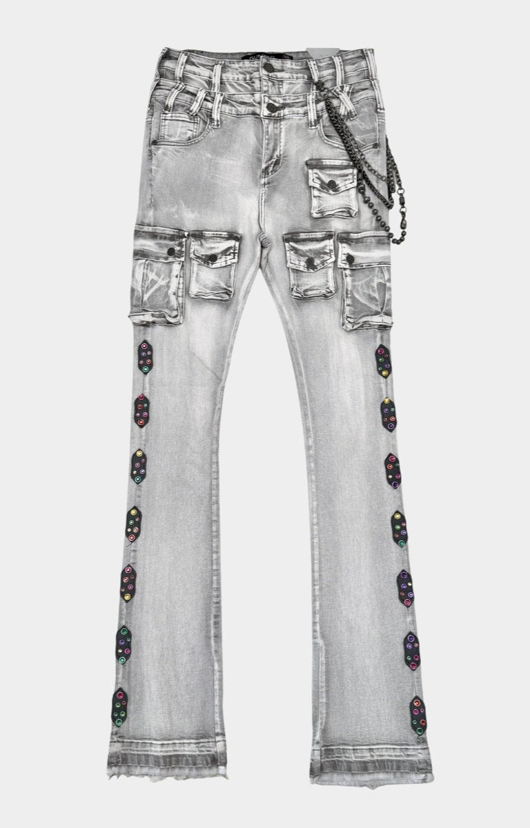 Front view of Gunzinii Grey Tactical Cargo Stacked Jeans with 3D cargo pockets.