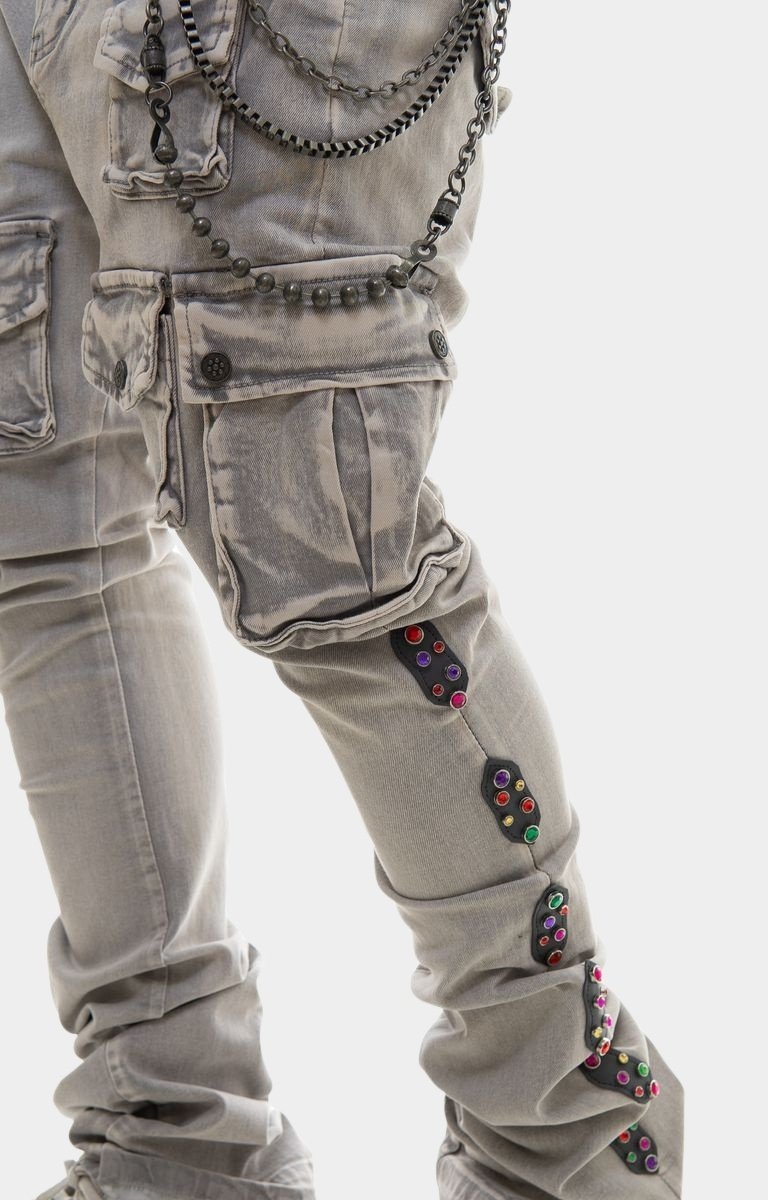 Close up of side view of Gunzinii Grey Tactical Cargo Stacked Jeans in washed grey denim.