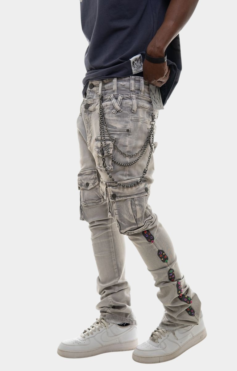 Stacked fit detail on Gunzinii Grey Tactical Cargo Stacked Jeans.