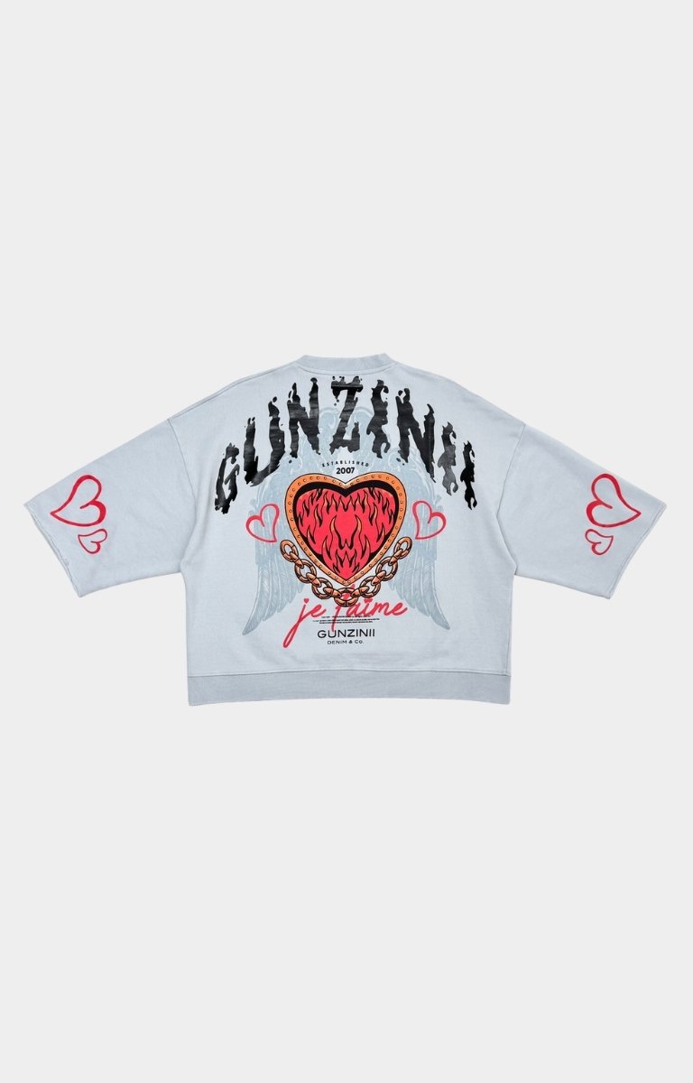 GUNZINII T-Shirt Back View — Flaming Heart, Wings and GUNZINII Logo Arch