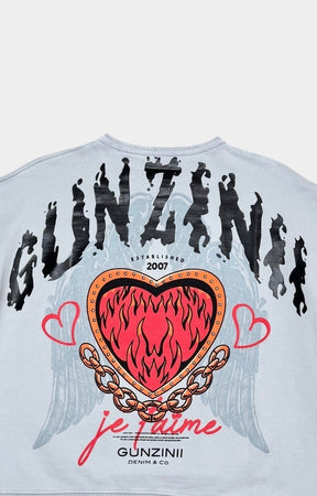 Close-Up of Back Graphic — Flaming Heart and Wing Print Detail