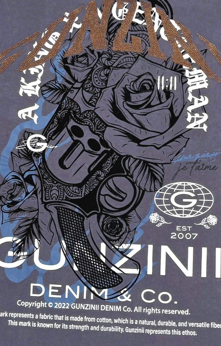 Close-Up of Graphic Print on GUNZINII Men’s Charcoal Tee