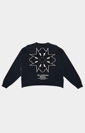 Back view of GUNZINII Rhinestone Caring Crew Sweatshirt in black