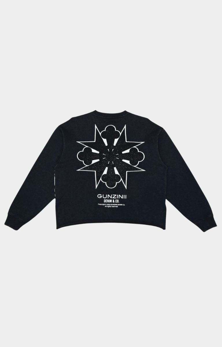 Back view of GUNZINII Rhinestone Caring Crew Sweatshirt in black