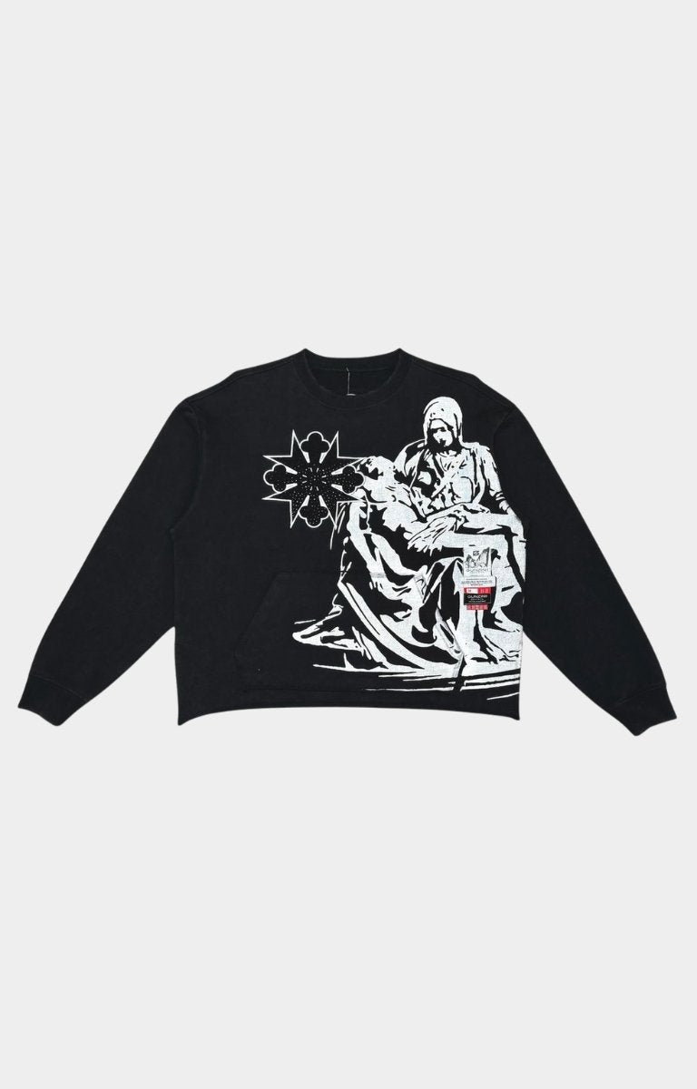GUNZINII Rhinestone Caring Crew Sweatshirt in black featuring white sculpture graphic and rhinestones