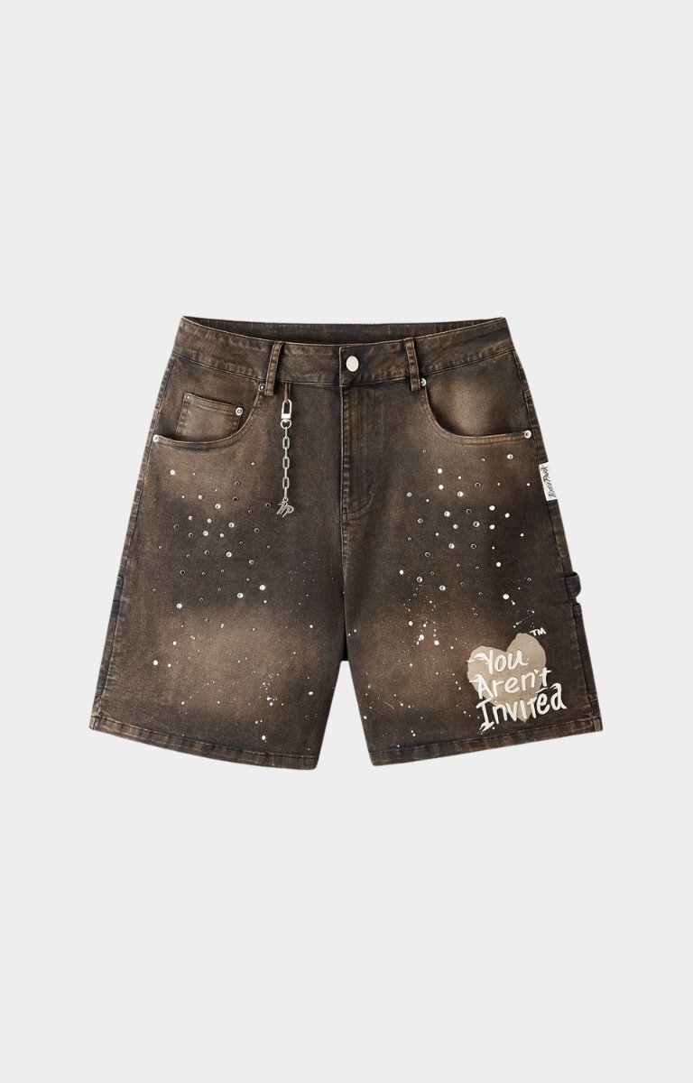 Hyde Park after work wear crystal studded with paint splatter black twill shorts front view. 
