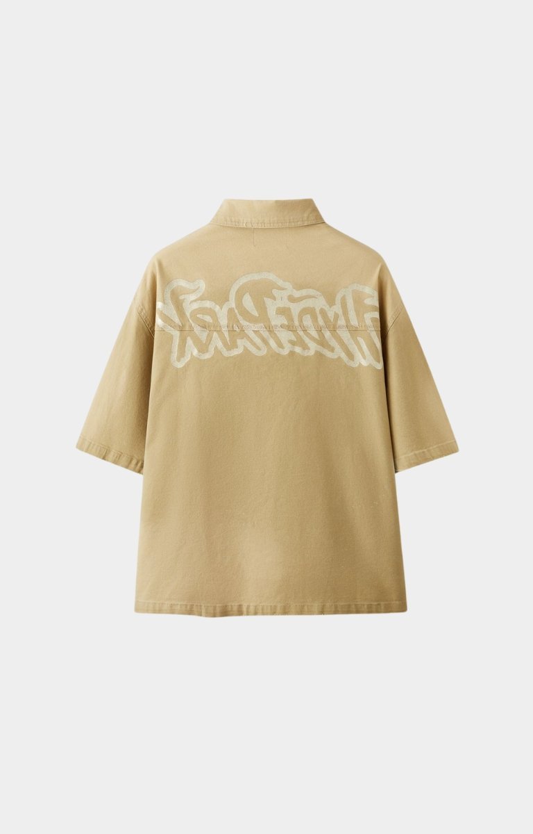 Back view of Hyde Park After Work Wear Shirt 2.0 Khaki button-up with logo printed.