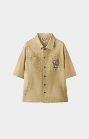 Front view of Hyde Park After Work Wear Shirt 2.0 in Khaki with rhinestone embellishments and front pockets.