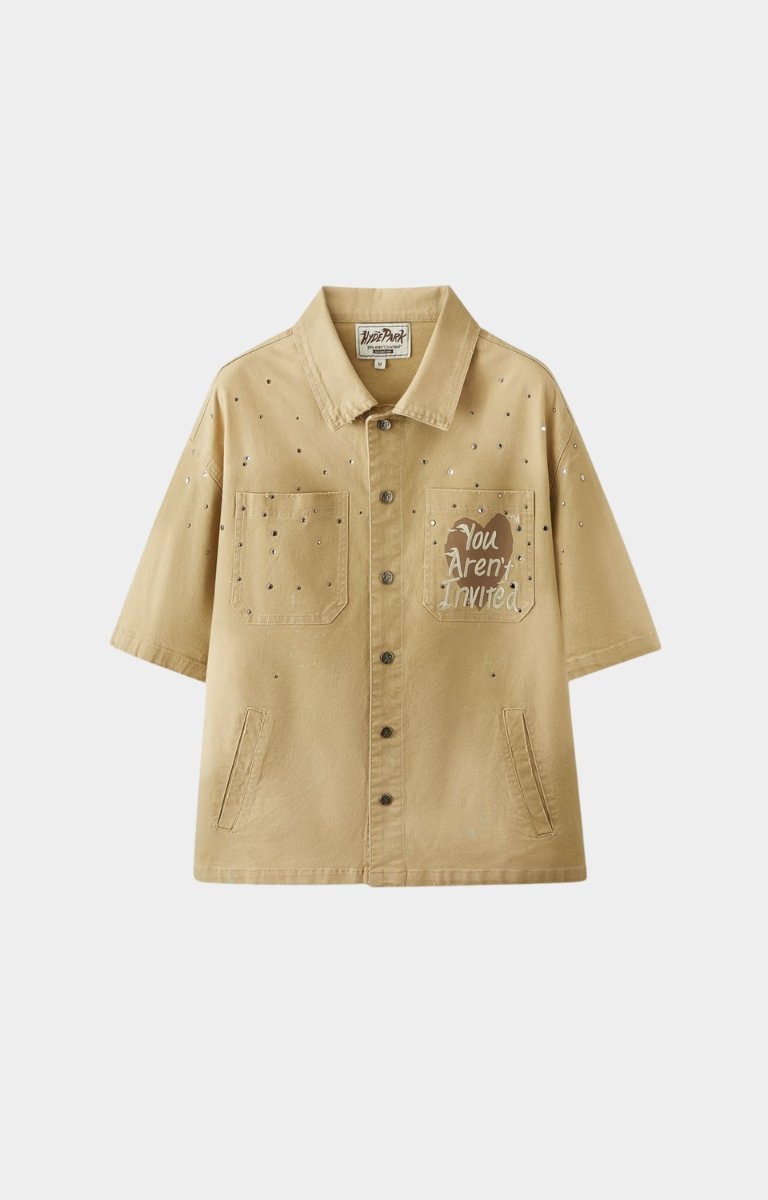 Front view of Hyde Park After Work Wear Shirt 2.0 in Khaki with rhinestone embellishments and front pockets.