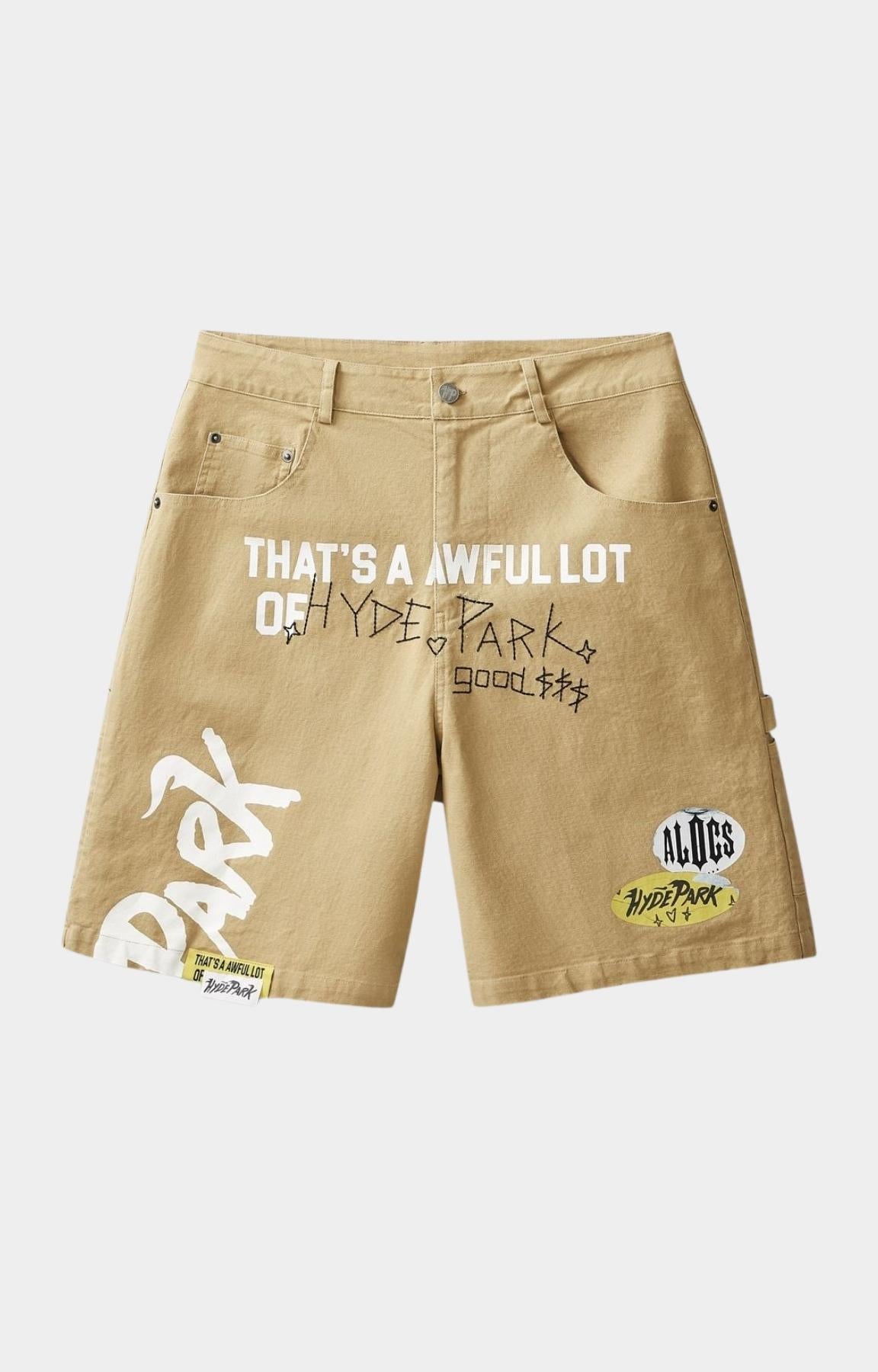 Hyde Park x ALOCS Carpenter Workwear Shorts Brown front view.