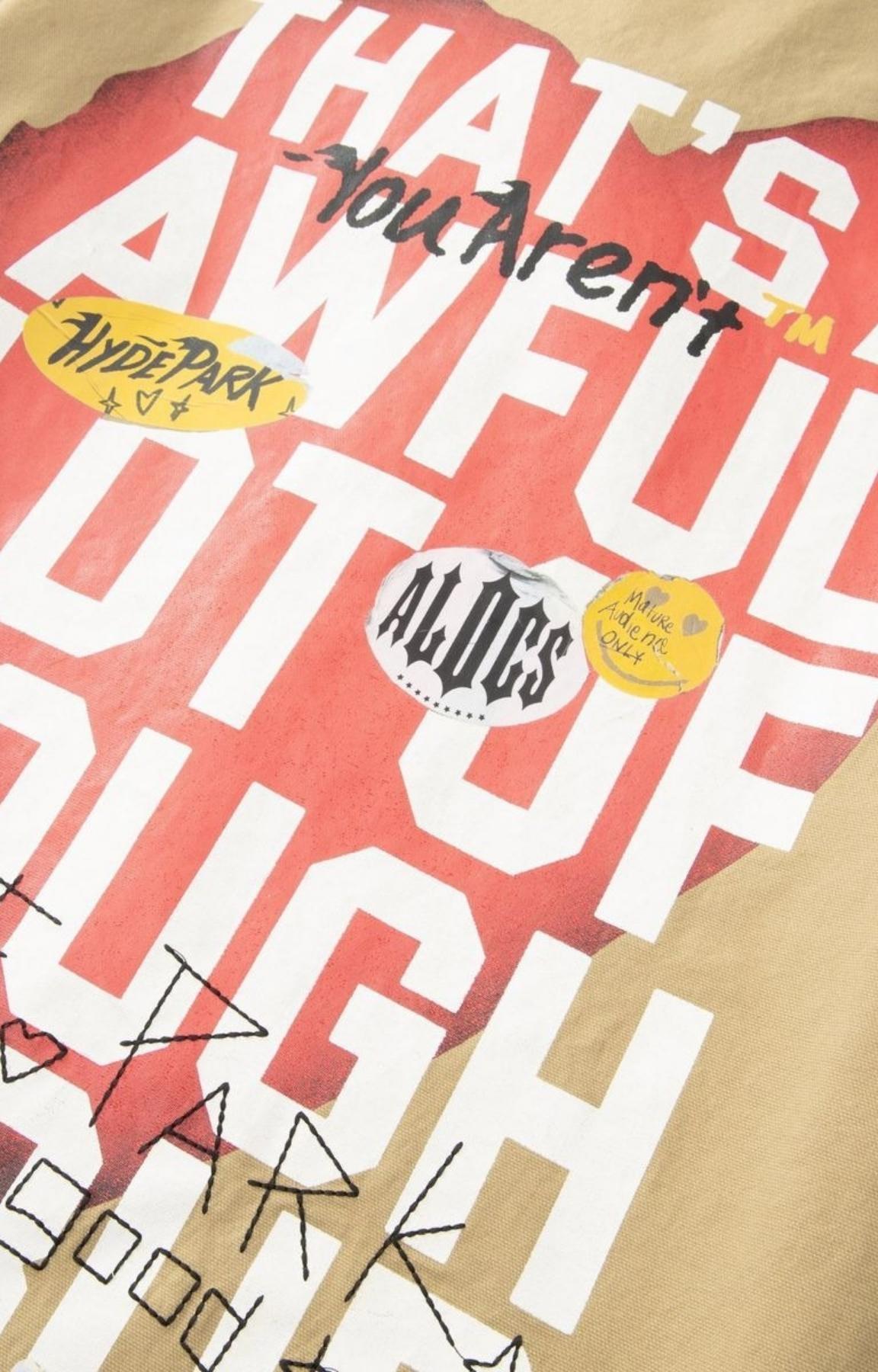 Close-up of graphic artwork on Hyde Park x ALOCS workwear shirt.