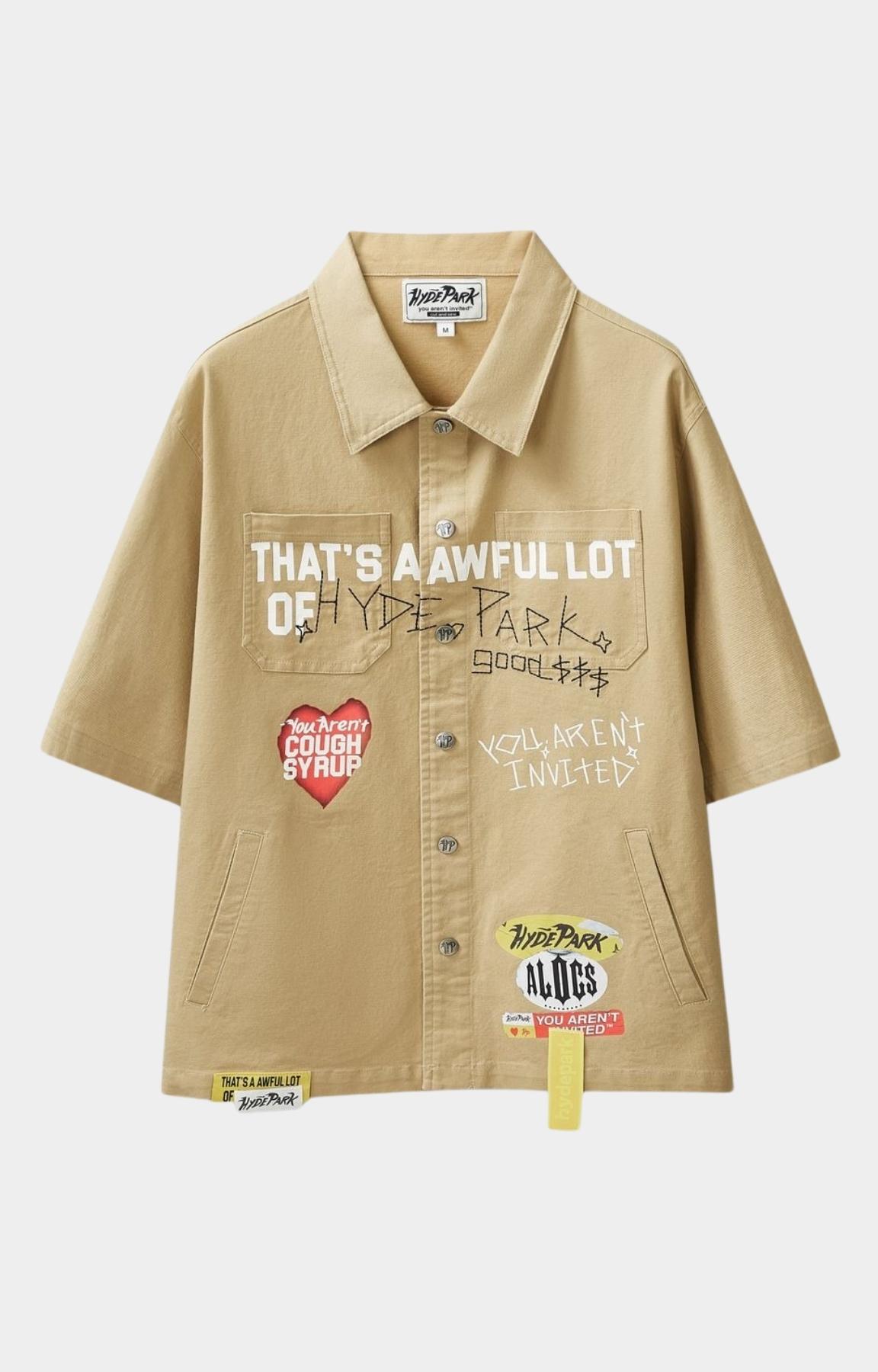 Hyde Park x ALOCS Mechanic Workwear Graphic Shirt Khaki front view.