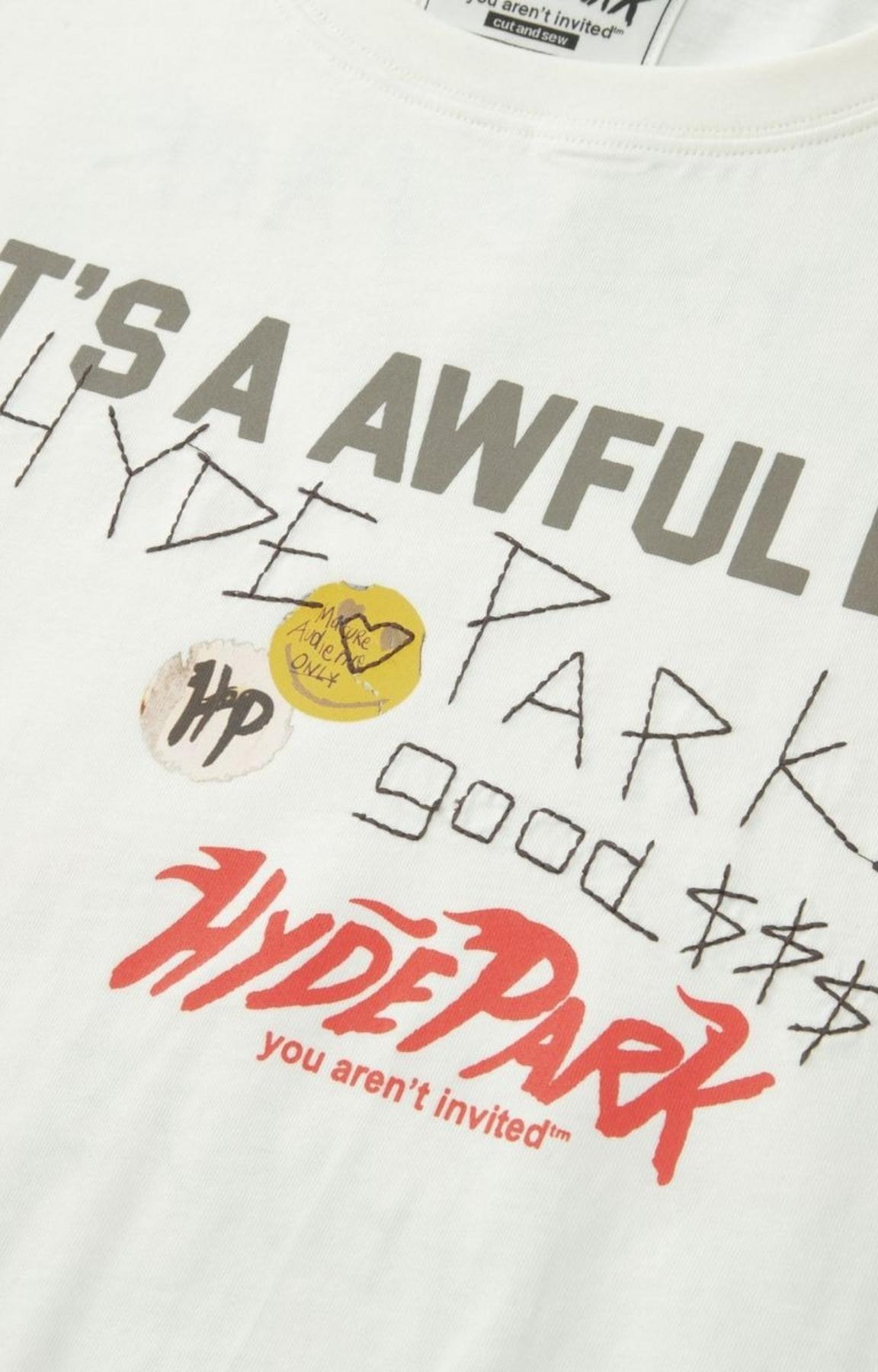 Graphic artwork detail on Hyde Park x ALOCS Stickered Up T Shirt.