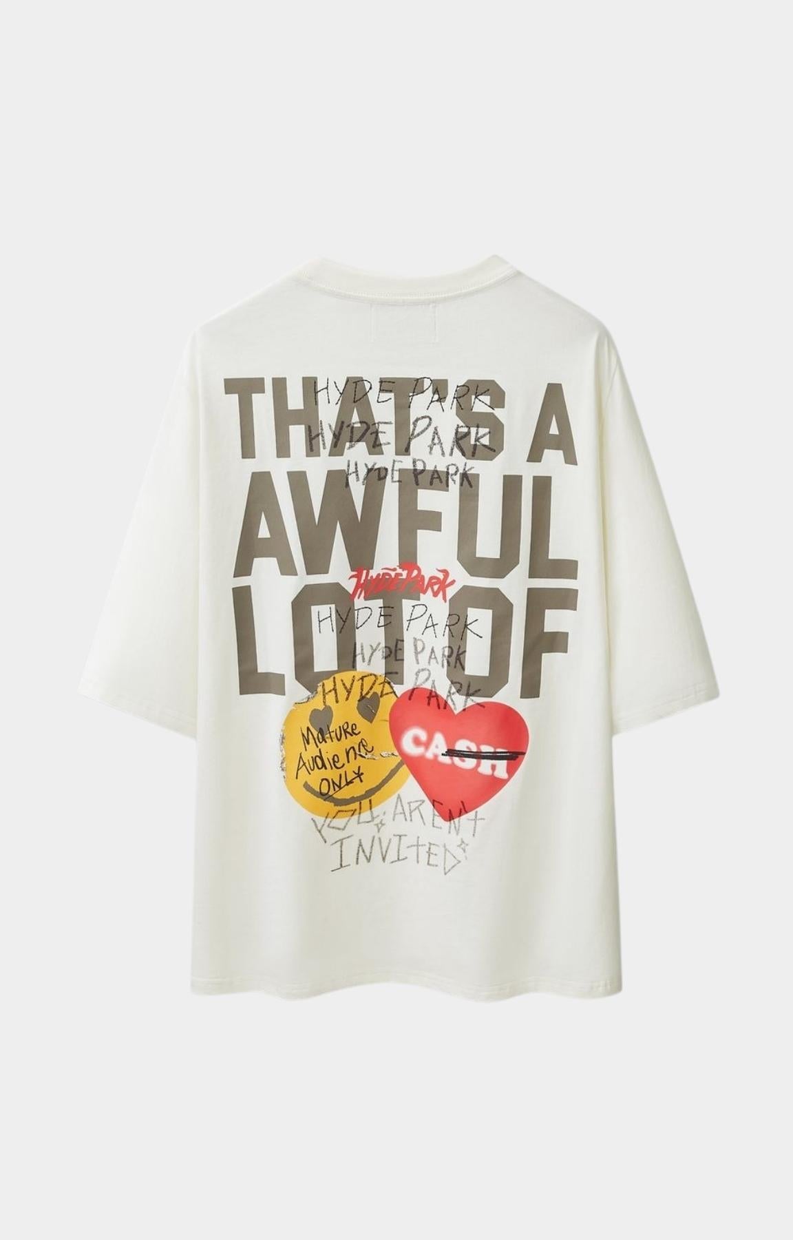 Hyde Park x ALOCS Stickered Up Oversized Graphic T Shirt White back graphic view.