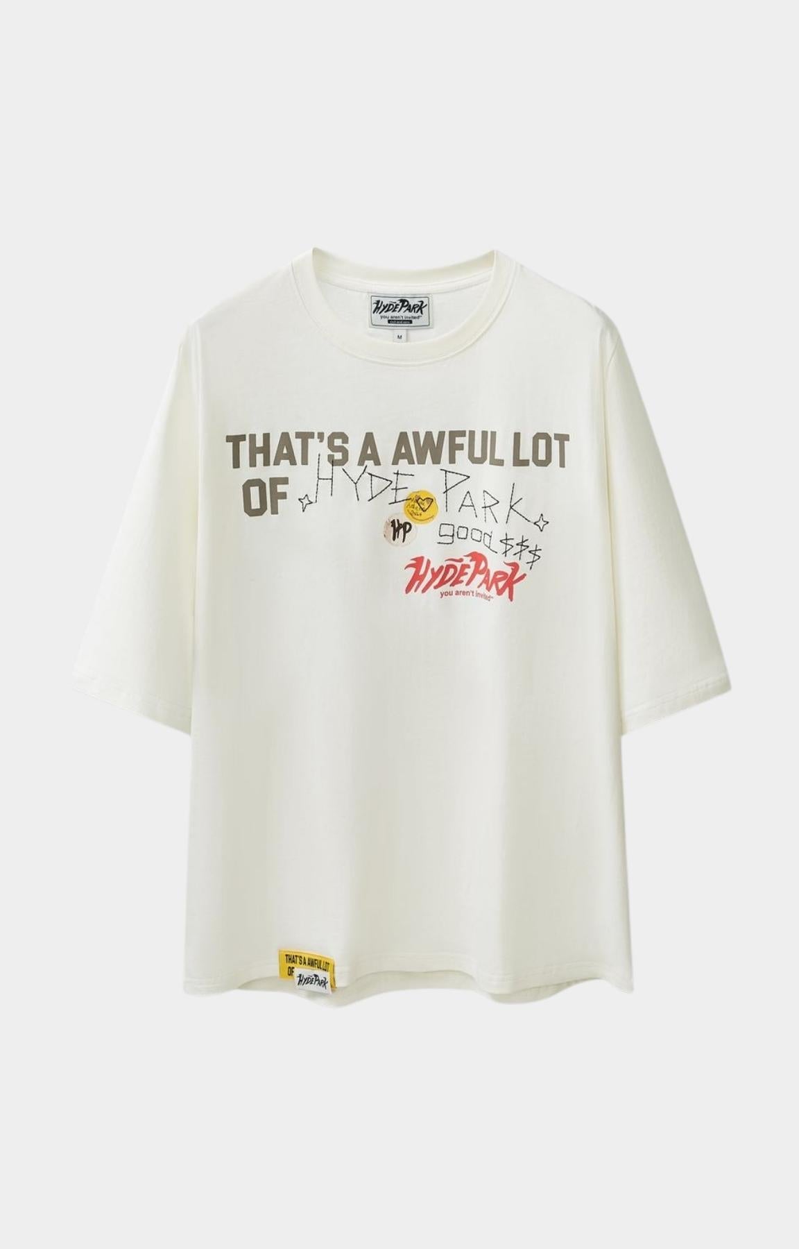 Hyde Park x ALOCS Stickered Up Oversized Graphic T Shirt White front view.