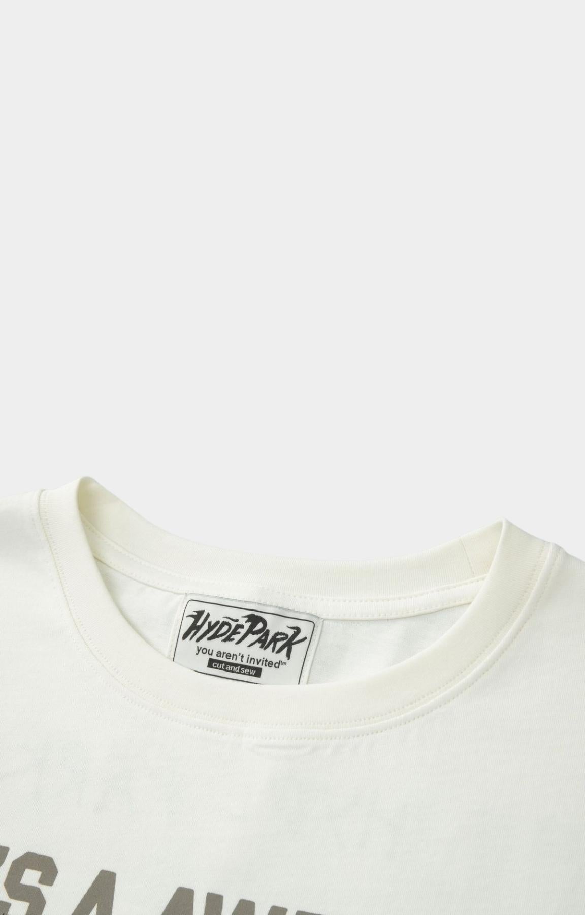 Hyde Park x ALOCS Stickered Up White T Shirt styled with streetwear outfit.