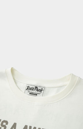 Hyde Park x ALOCS Stickered Up White T Shirt styled with streetwear outfit.