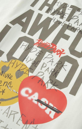 Typography graphic detail on Hyde Park x ALOCS Stickered Up Tee.